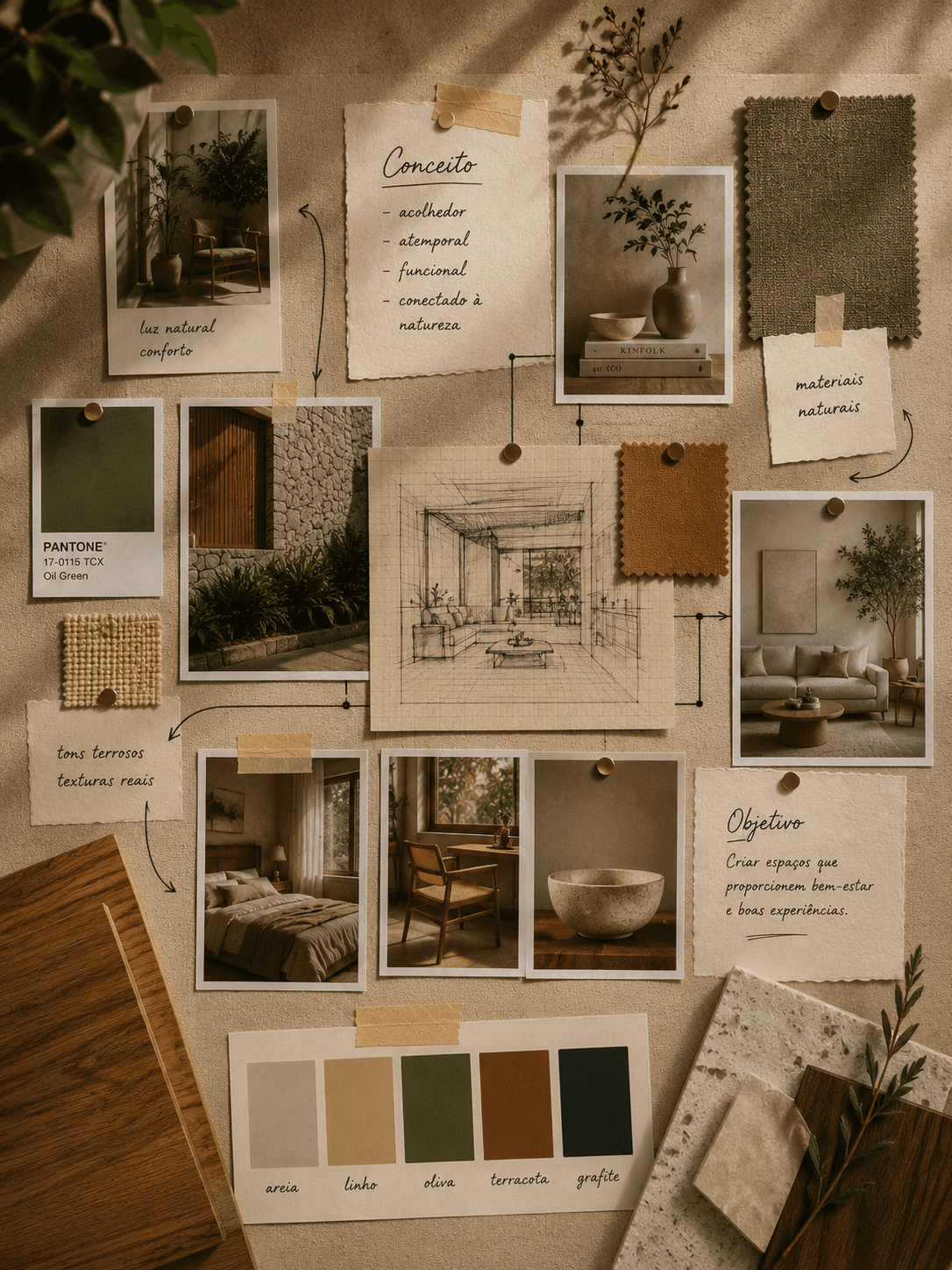 Moodboard de planejamento de projetos com referências e paletas