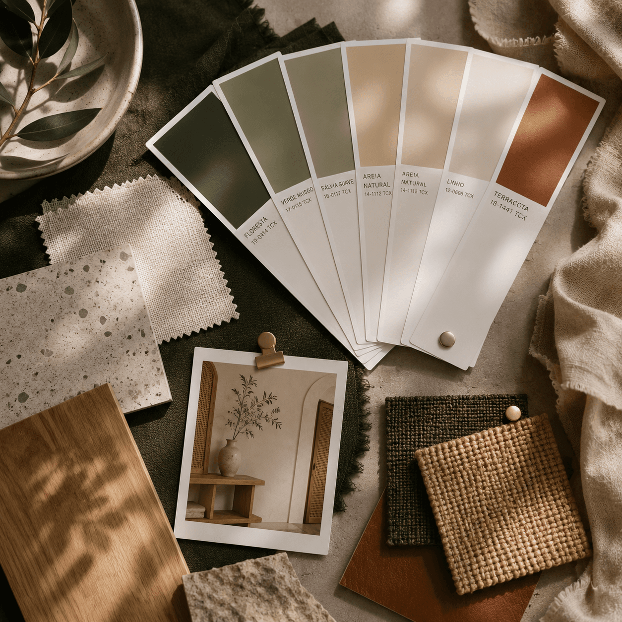Moodboard mostrando o processo criativo com paleta de cores e referências
